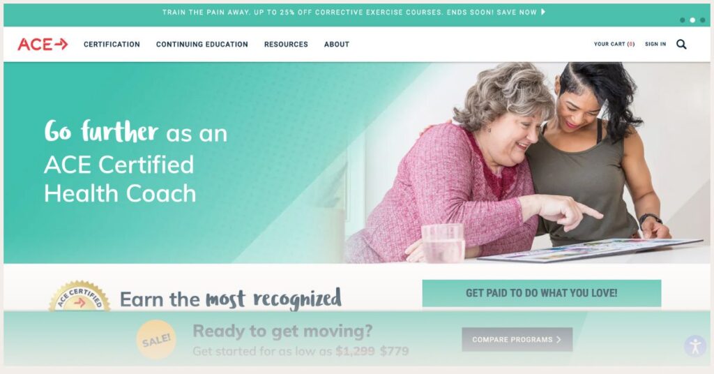 Screenshot of American Council on Exercise (ACE) Health Coach Certification website