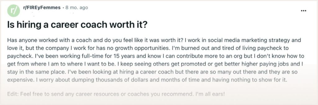 Screenshot of career coaching reddit thread