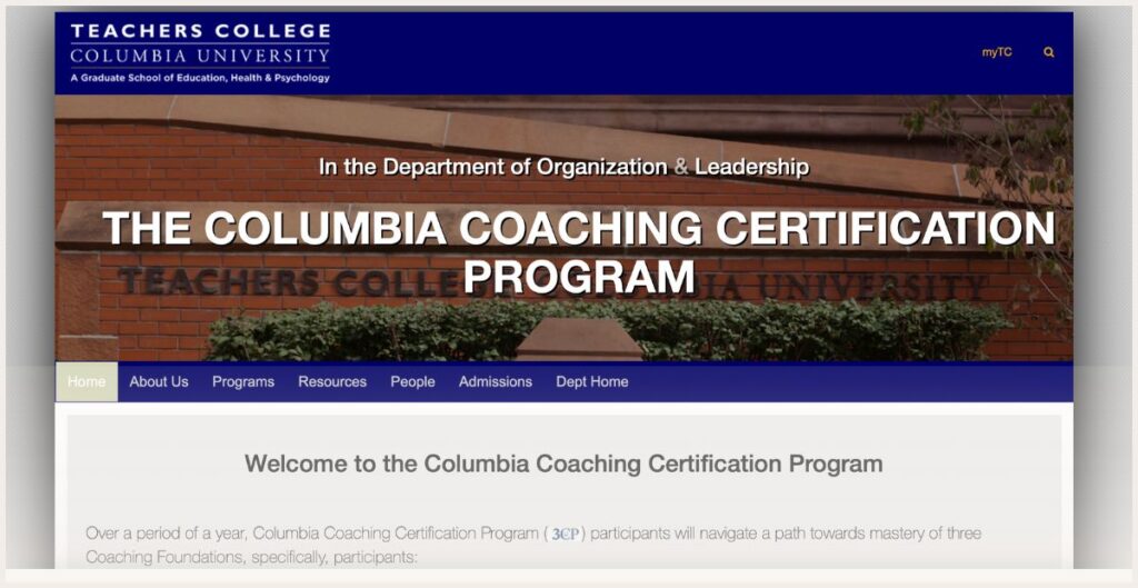 Columbia University coaching certification website page