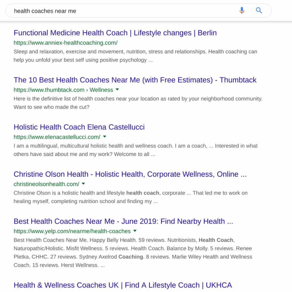 Google health coaching search results