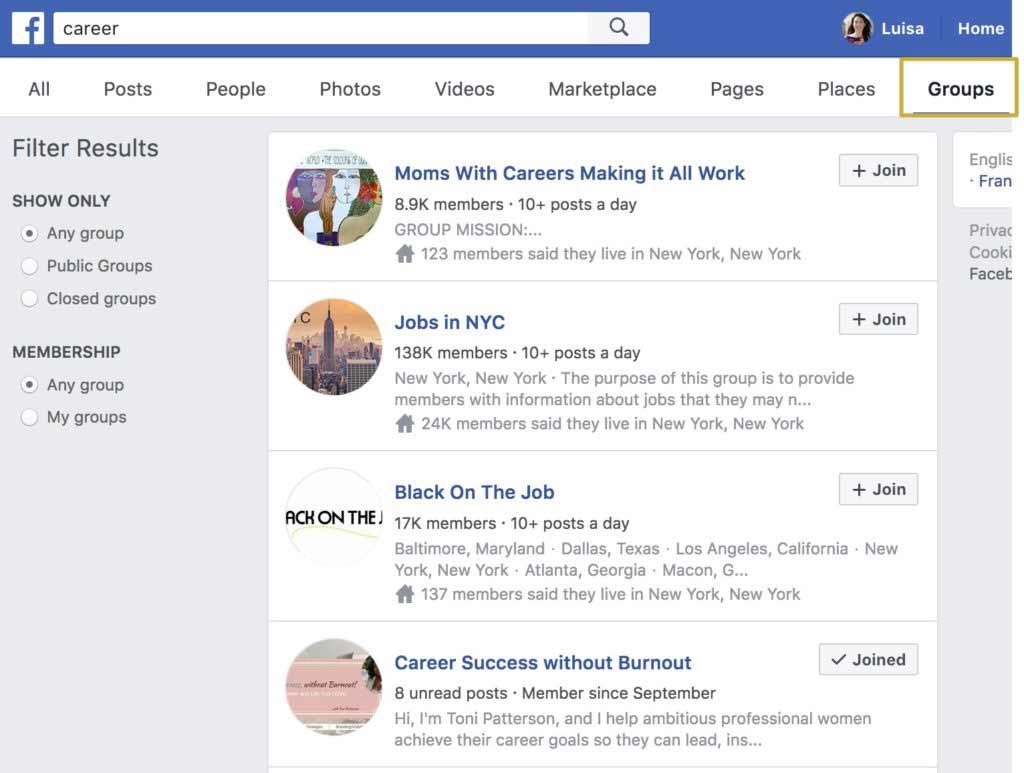 Screenshot of Facebook group search