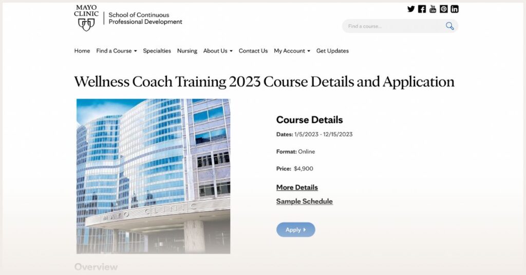 Screenshot of Mayo Clinic Wellness Coaching Training Program website