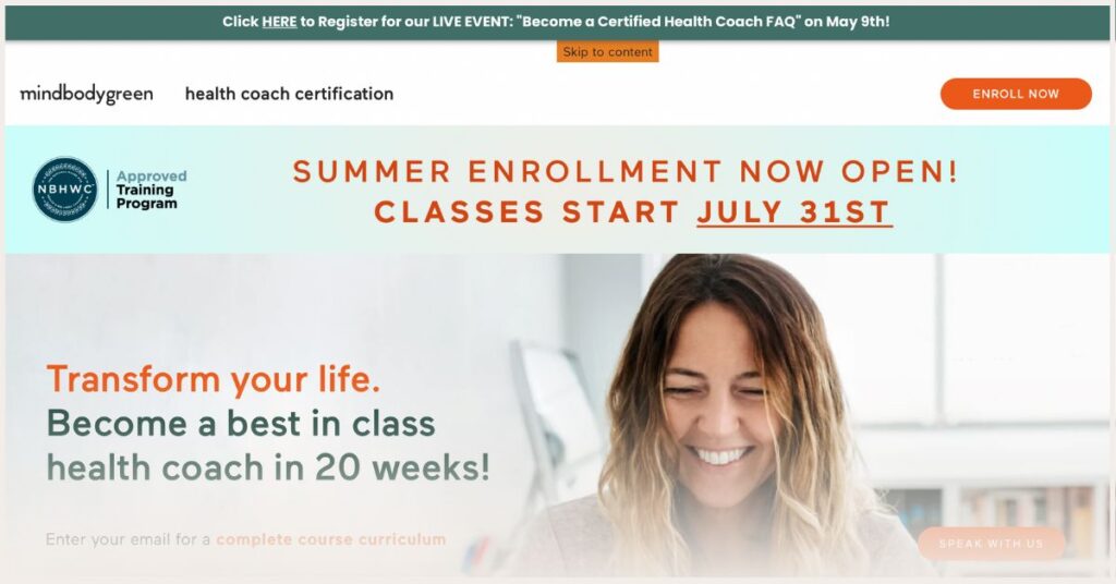 Screenshot of MindBodyGreen Health Coach Certification website