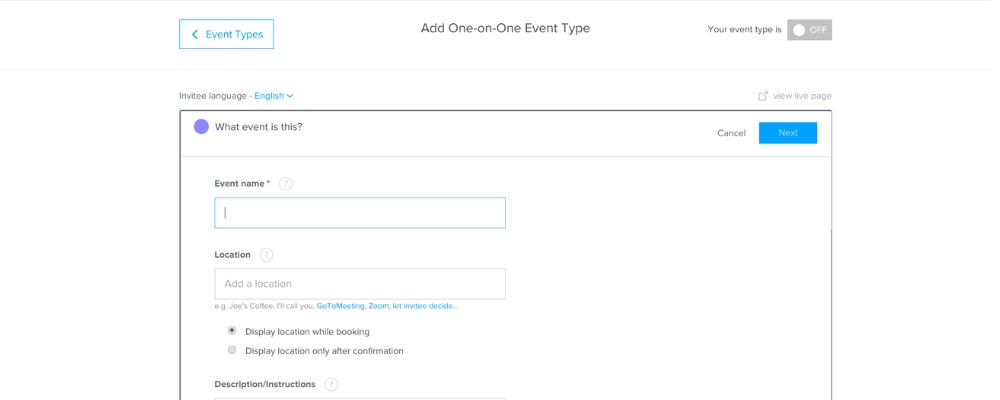 Screenshot of creating a new event in Calendly