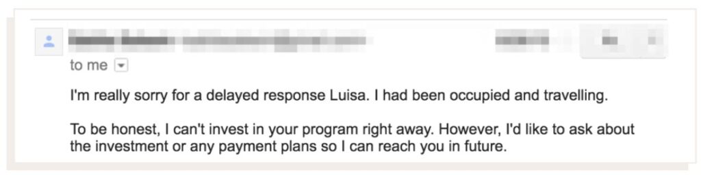 Screenshot of sales response email