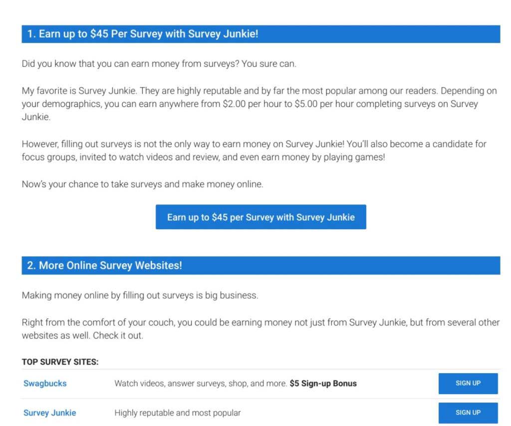 Online survey screenshot