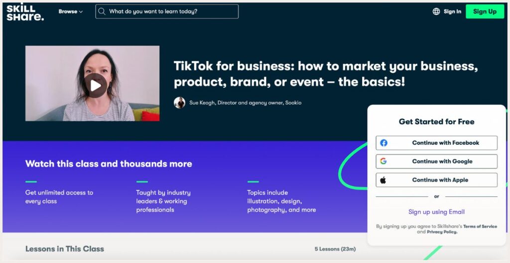 Screenshot of TikTok for business course page