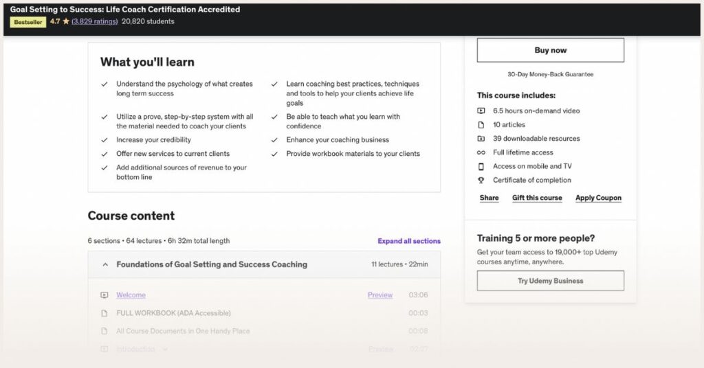 Screenshot of Udemy Goal Setting program