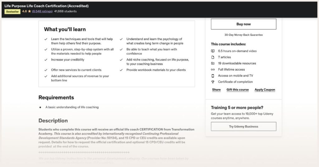 Screenshot of Udemy Life Purpose Life Coach Certification Program