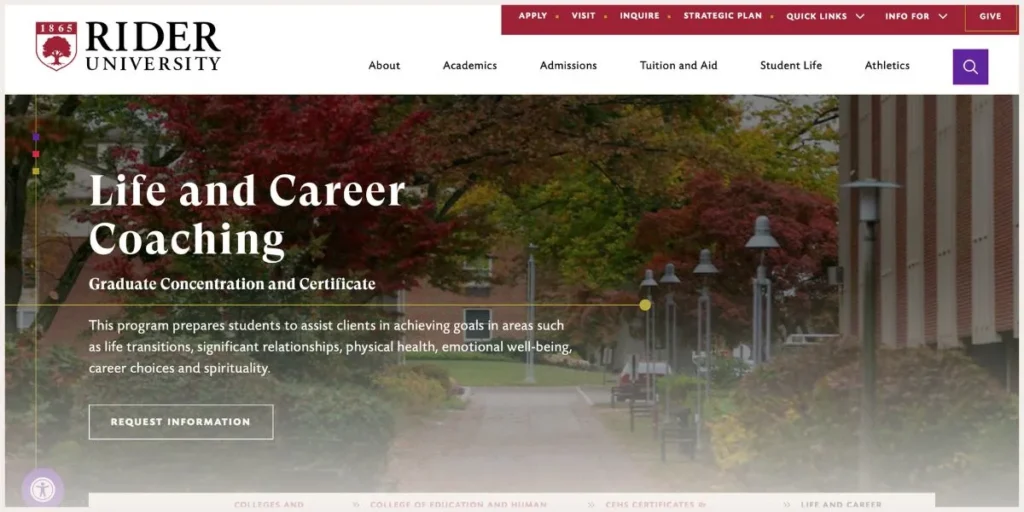 Screenshot of Rider University website