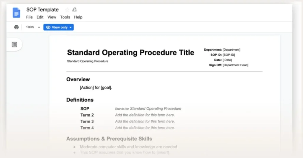 Screenshot of a SOP template