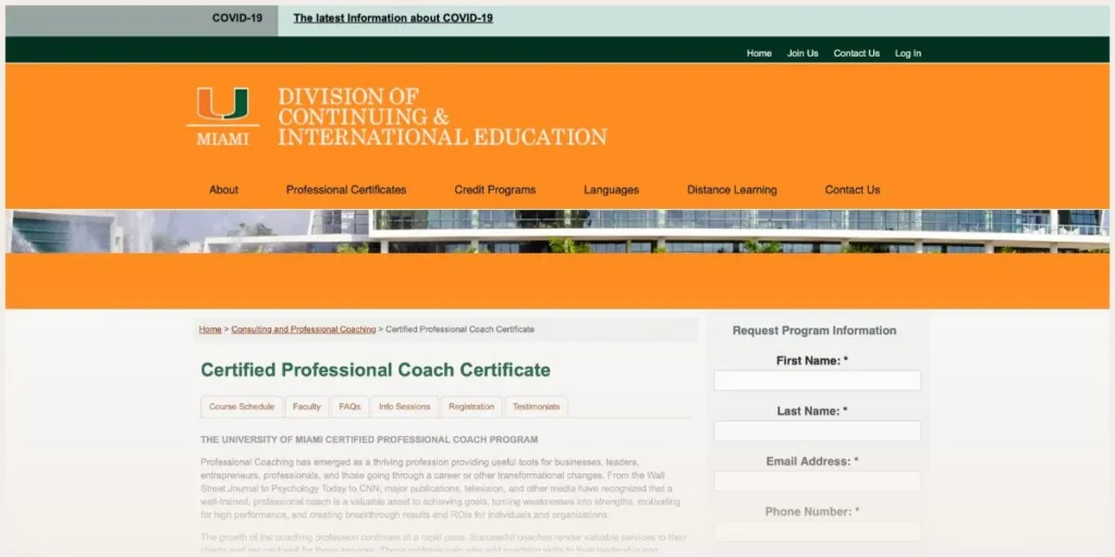 Screenshot of University of Miami website 